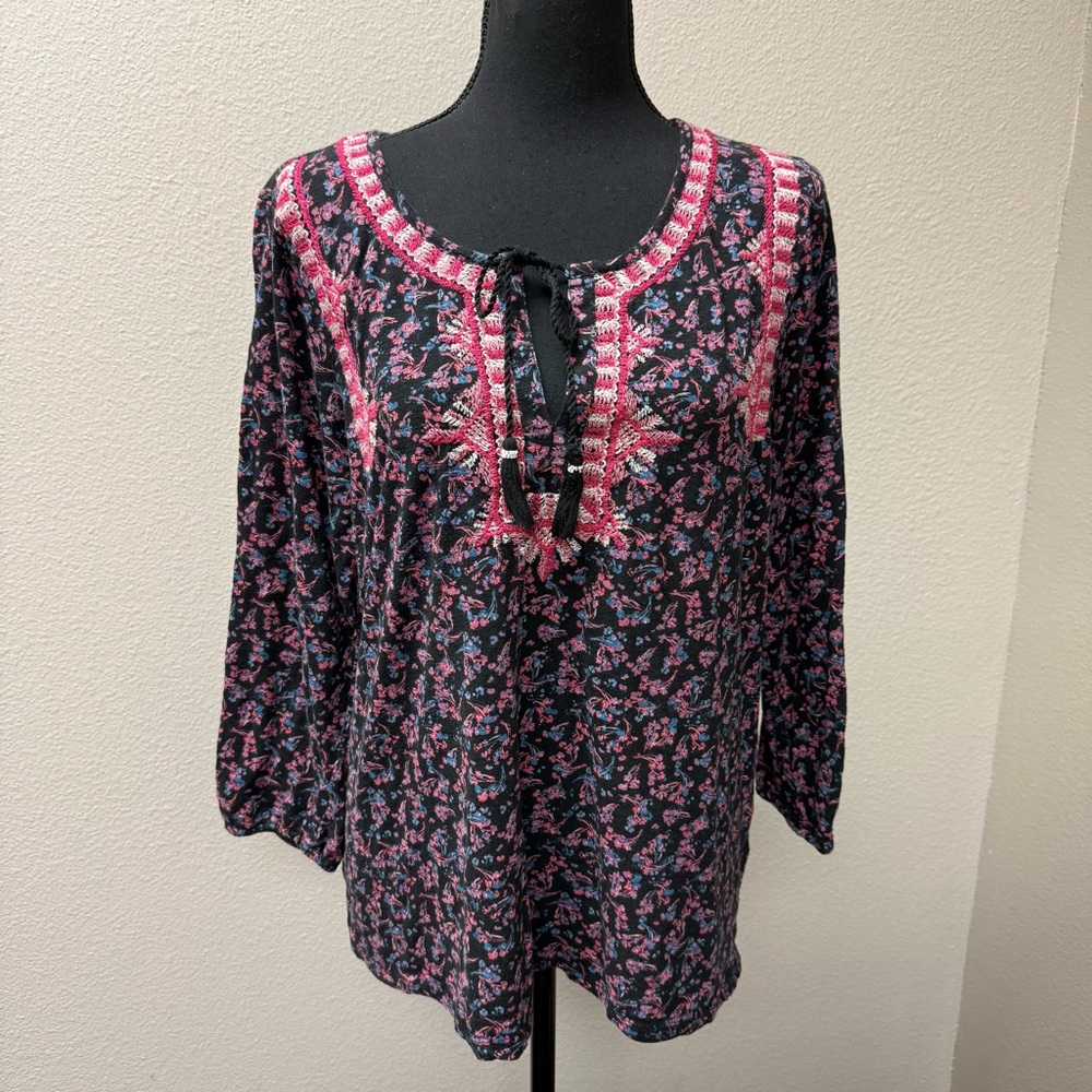 Lucky Brand Black Pink Floral Embroidered Boho Peasant Blouse Tassel Tie XL - Picture 2 of 8